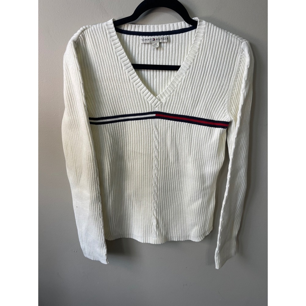 Tommy Hilfiger Womens White Ribbed V-Neck Cotton Sweater Stripe Detail Large